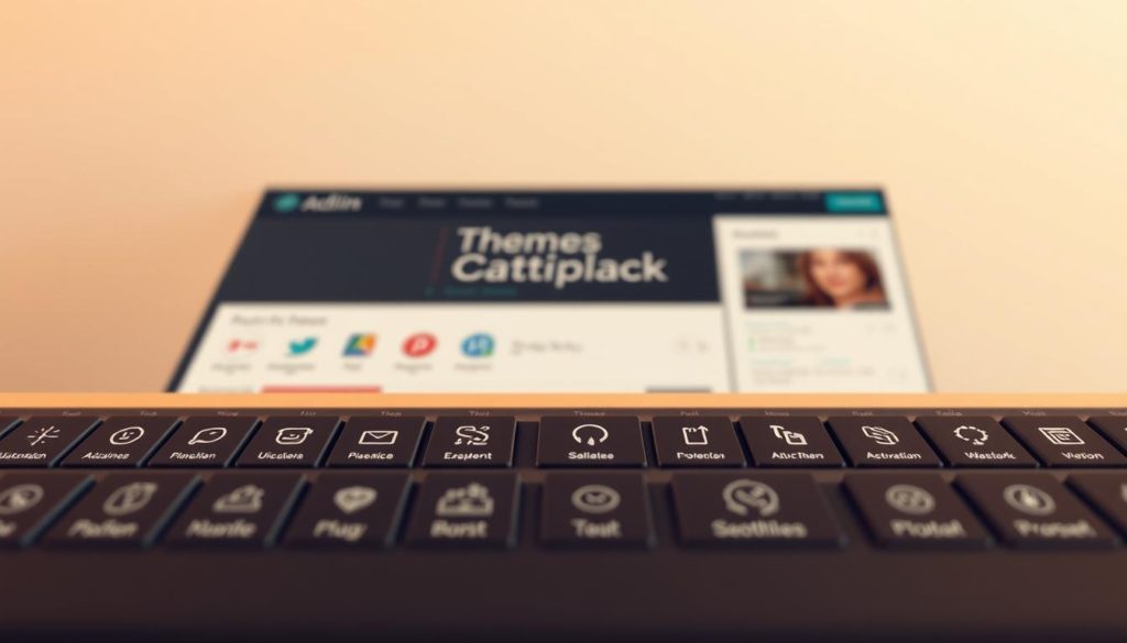 A clean, well-organized WordPress themes and plugins dashboard showcasing a variety of customization options. The foreground features neatly arranged plugin tiles with intuitive icons, while the middle ground displays the active theme and its settings. The background subtly fades into a soft gradient, emphasizing the dashboard's sleek and modern aesthetic. Warm, diffused lighting casts a professional, productive atmosphere, captured through a wide-angle lens to provide a comprehensive overview. The composition balances functionality and visual appeal, reflecting the essence of the WordPress admin interface.