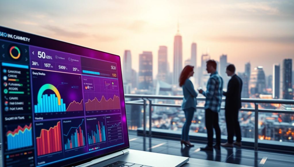 A digital landscape showcasing the seamless integration of SEO (Search Engine Optimization) within a comprehensive marketing strategy. In the foreground, a vibrant digital dashboard displays key performance metrics, analytics, and optimization recommendations. In the middle ground, a team of marketers collaborates, strategizing the implementation of SEO best practices across various digital channels. The background depicts a sleek, futuristic cityscape, symbolizing the interconnectedness of online presence and business growth. Soft, warm lighting illuminates the scene, conveying a sense of productivity and innovation. The overall composition emphasizes the importance of aligning SEO with a holistic marketing approach for maximum digital impact.