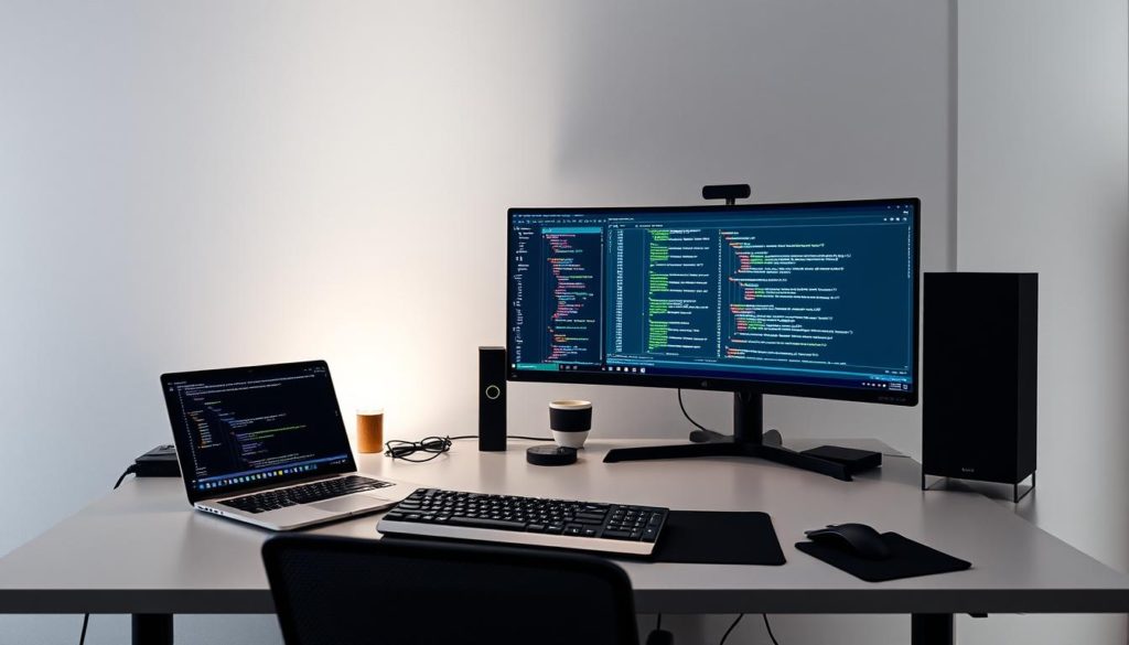 A modern, well-lit software development workspace with a sleek, minimalist desk setup. On the desk, a high-end laptop, a large external monitor displaying code editor windows, a stylish mechanical keyboard, and a minimalist mouse. In the background, a subtle array of developer tools and frameworks like Git, Node.js, and Webpack, represented by simple icons or silhouettes. The overall atmosphere is one of focused productivity, with clean lines, neutral tones, and strategic lighting that creates a sense of order and professionalism, ideal for crafting elegant JavaScript-driven landing pages.