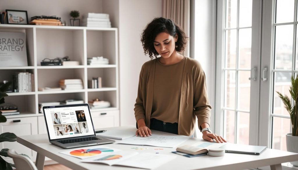 A professional branding consultant standing in a minimalist home office, focused on designing a personal brand identity for a client. The consultant's desk is filled with sketchpads, color swatches, and a laptop displaying mood boards. Soft, diffused lighting from a large window highlights the consultant's thoughtful expression as they work. In the background, shelves hold brand strategy books and design tools, conveying expertise and experience. The overall atmosphere is one of creativity, intention, and a dedication to crafting a compelling personal brand for the client.