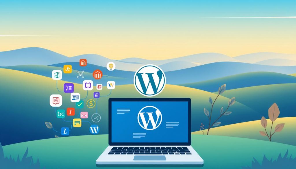 A serene and minimalist illustration showcasing the WordPress development learning path. In the foreground, a simplified laptop displaying a WordPress dashboard, surrounded by an array of colorful programming languages, frameworks, and tools essential for web development. In the middle ground, a winding path leading to a stylized WordPress logo, symbolizing the journey of mastering the platform. The background features a tranquil landscape with rolling hills, a calming gradient sky, and subtle lighting, creating a focused and inspirational atmosphere for the learner.