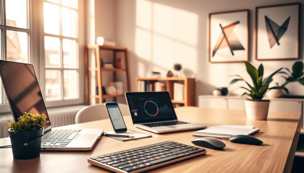 A serene home office setup, with a laptop, notepad, and a strategically placed plant. Warm, natural lighting filters through large windows, casting a soft glow on the scene. In the foreground, a neatly organized desk showcases the essential tools for on-page SEO optimization - a keyboard, mouse, and a smartphone displaying analytics data. The middle ground features a bookshelf filled with marketing and SEO-related resources, while the background includes minimalist wall art that complements the overall aesthetic. The mood is one of focused productivity and attention to detail, reflecting the importance of on-page optimization in a comprehensive digital marketing strategy.