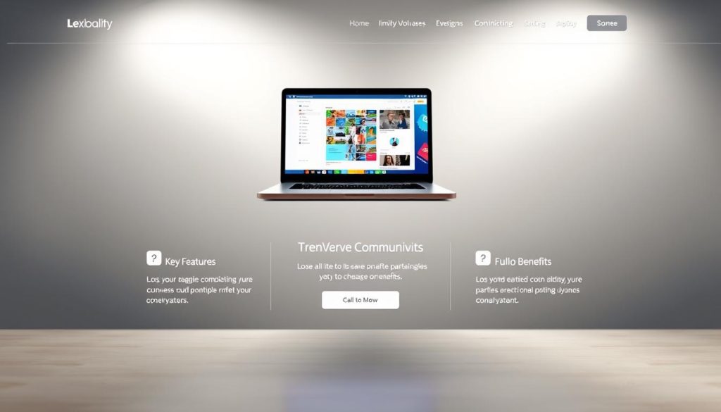 A sleek, conversion-focused website design with a modern, minimalist aesthetic. The layout features a hero section showcasing a vibrant, high-quality image of a laptop or mobile device showcasing a visually appealing web interface. In the middle ground, clean and strategic content blocks highlight key features, benefits, and a prominent call-to-action button. The background has a subtle, blurred gradient that draws the eye towards the central elements. The overall lighting is soft and directional, creating depth and emphasizing the design's elegant simplicity. The camera angle is slightly elevated, providing an inviting and dynamic perspective. The mood is professional, trustworthy, and designed to optimize user engagement and conversion rates.