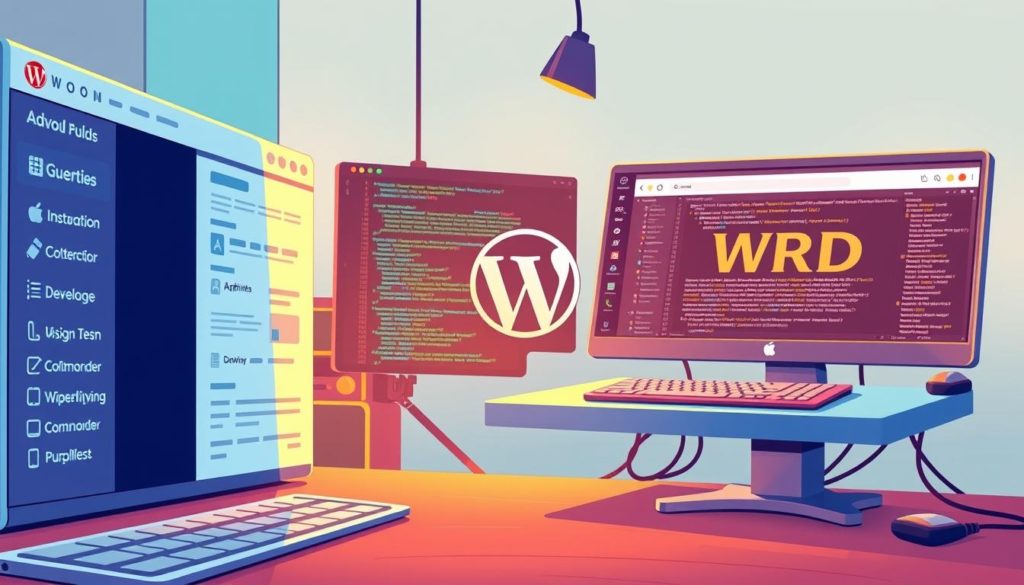 A vibrant, detailed illustration showcasing the contrast between WordPress customization and development. In the foreground, a WordPress admin dashboard with various customization options, subtle colors, and a clean, polished interface. In the middle ground, a developer's workstation with code editors, design tools, and intricate lines of code, conveying the technical depth of WordPress development. The background features a stylized web browser window displaying a visually striking, uniquely designed WordPress website, highlighting the creative possibilities beyond basic customization. The scene is bathed in a warm, inviting lighting, creating a sense of balance between the user-friendly customization and the more complex development aspects of the WordPress platform.