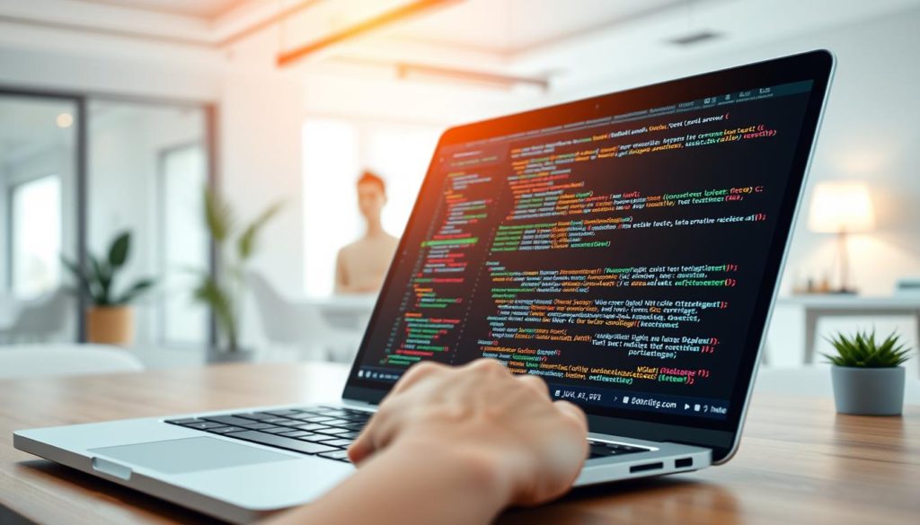Prompt A vibrant, detailed scene of JavaScript seamlessly integrated within a WordPress environment. In the foreground, a sleek laptop displays a WordPress dashboard, with lines of JavaScript code overlaying the interface. In the middle ground, a developer's hand types on the keyboard, navigating the integration process. The background showcases a modern, minimalist office setting, with clean lines, natural lighting, and subtle hints of technology. The overall mood is one of efficiency, elegance, and the harmonious fusion of these two powerful web development tools.