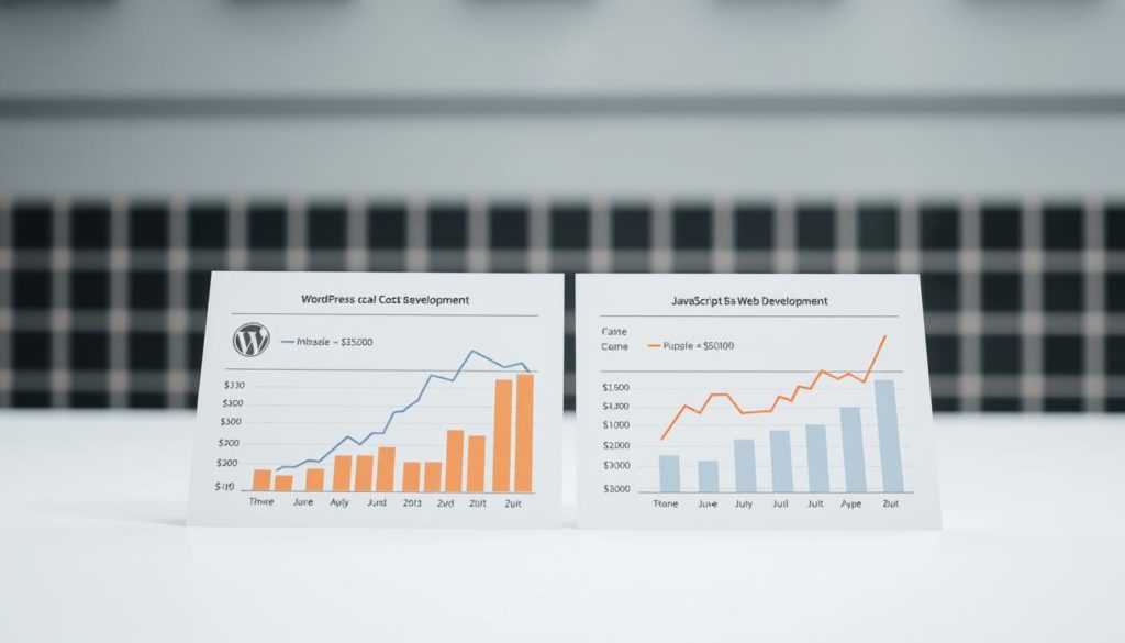 a detailed comparison of cost scalability for two web development technologies, with a clean, minimalist design. in the foreground, a balanced set of financial charts and graphs visually showcasing the relative costs and scalability of WordPress and JavaScript-based web development. the charts use a muted color palette and simple geometric shapes to convey the data clearly. in the background, a subtle grid pattern or architectural elements suggest the web development context. the lighting is soft and even, creating a professional, analytical atmosphere. the camera angle is slightly elevated to provide an overview of the data visualization. the composition emphasizes the analytical nature of the content and invites the viewer to closely examine the details.