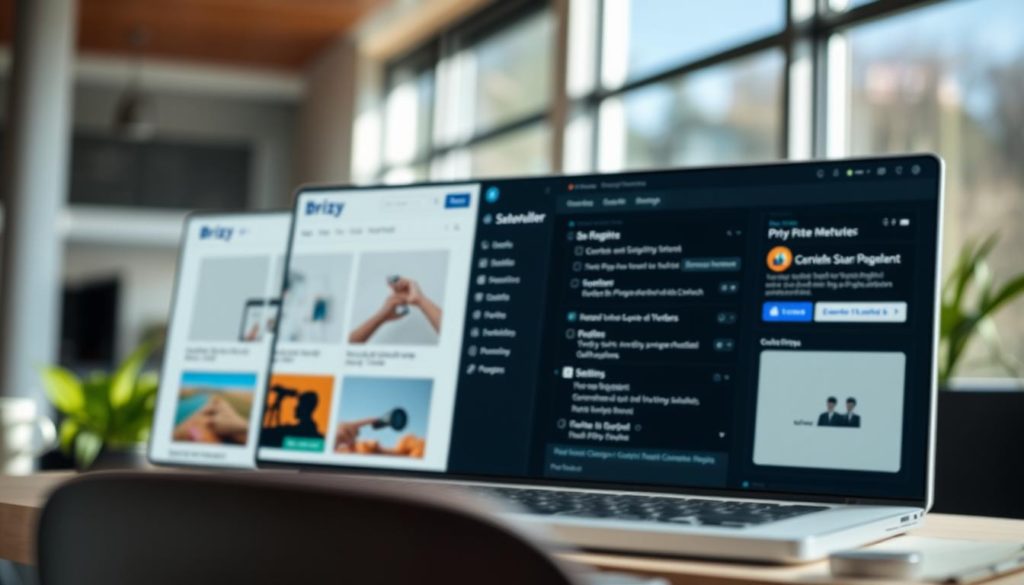 A detailed, high-resolution image of the Brizy website builder interface, captured in natural daylight with a wide-angle lens. The foreground features the main dashboard view, showcasing the clean, intuitive layout with various content modules and customization options. In the middle ground, a sidebar panel displays the site structure and settings. The background subtly blurs to emphasize the focal point, creating a sense of depth and focus. The overall tone is professional, modern, and inviting, reflecting Brizy's reputation as a powerful yet user-friendly page builder solution.
