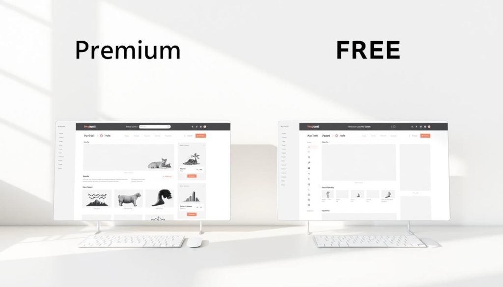 A head-to-head comparison of a premium and a free page builder interface, arranged side-by-side in a clean, minimalist layout. The premium version showcases a sleek, modern design with advanced customization tools and a range of high-quality elements. The free version offers a simpler, more stripped-down interface, highlighting its core functionality. Both are rendered in a soft, muted color palette, creating a professional, elegant atmosphere. Crisp, detailed textures convey the quality of the software, while natural lighting from the left casts subtle shadows, adding depth and dimension to the scene. The overall impression is one of a thoughtful, well-considered comparison, inviting the viewer to explore the distinct benefits of each option.