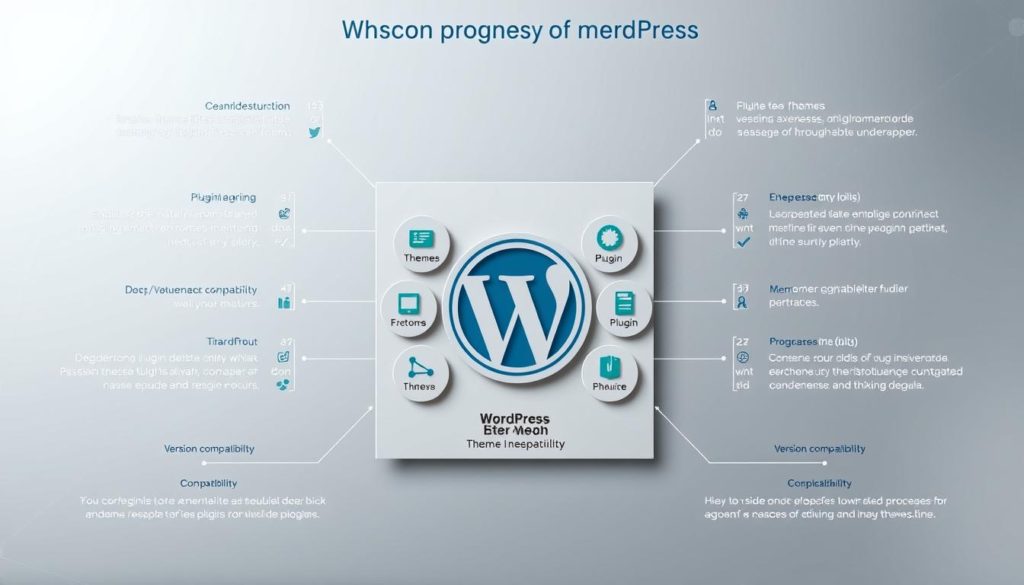 A highly detailed, technical diagram showcasing the compatibility between various WordPress themes and plugin integrations. The foreground features a central matrix with interlocking theme and plugin icons, surrounded by a middle layer of compatibility indicators and version compatibility data. The background depicts a minimalist geometric pattern, with a subtle gradient providing depth and dimension. The lighting is crisp and evenly distributed, emphasizing the precise technical nature of the diagram. The overall mood is one of informative clarity, conveying the critical considerations for ensuring seamless plugin integration within a WordPress site.