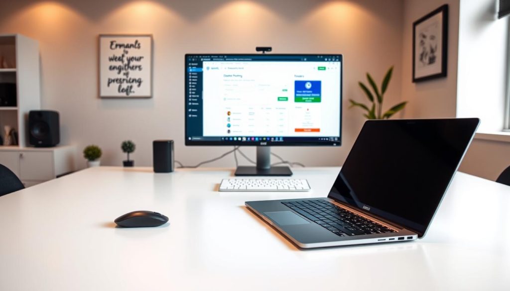 A modern office workspace with a minimalist desk setup. In the foreground, a sleek laptop and wireless mouse sit atop a clean, white desktop. In the middle ground, a high-quality monitor displays a domain name registration and web hosting dashboard, showcasing the process of setting up an online presence. The background features a minimalist wall decor, with a motivational quote or artwork that complements the professional, technology-driven atmosphere. Warm, indirect lighting creates a productive and focused ambiance, while the camera angle captures the setup at a slightly elevated perspective to emphasize the organization and efficiency of the workspace.