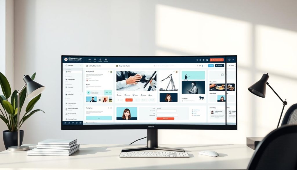 A modern, well-lit office setting with an expansive Elementor drag-and-drop interface prominently displayed on a large, high-resolution computer monitor. The interface showcases a clean, intuitive layout with various customizable sections, widgets, and controls. The user's cursor hovers over the interface, highlighting the precision and ease of use. The background features a minimalist desk setup with a potted plant, a neat stack of papers, and a stylish desk lamp, creating a professional and productive atmosphere. The lighting is soft and diffused, enhancing the clarity and legibility of the Elementor interface. The camera angle is slightly elevated, offering a comprehensive view of the workspace and the powerful Elementor tool at the center of the scene.