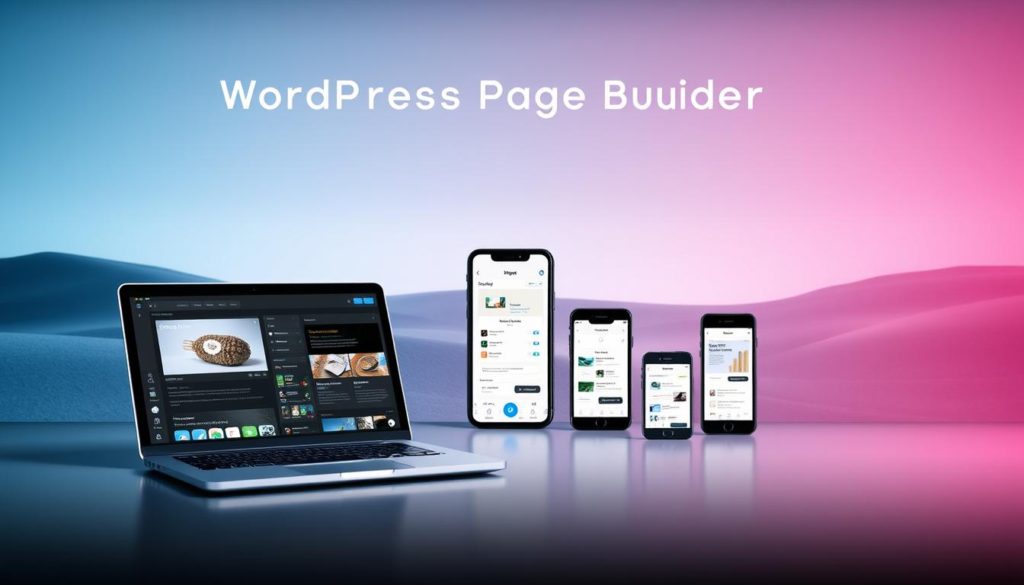 A neatly arranged composition showcasing the top WordPress page builder plugins. In the foreground, a sleek and modern-looking laptop displays the plugin interfaces, each with distinctive UI elements and icons. In the middle ground, various mobile devices are arranged, demonstrating the plugins' responsiveness and cross-device compatibility. The background features a minimalist, gradient-based landscape, with subtle lighting and depth-of-field effects to create a sense of depth and professionalism. The overall mood is one of efficiency, innovation, and technical expertise, perfectly capturing the essence of the "WordPress Page Builder for Speed" article's subject and section title.