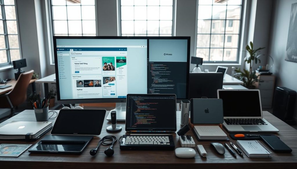 A neatly organized workspace showcasing a diverse array of WordPress development tools. In the foreground, a high-resolution monitor displays a WordPress admin dashboard, its clean interface and intuitive layout illuminated by natural sunlight filtering through large windows. On the desk, an assortment of devices - a sleek laptop, a tablet, and a smartphone - are strategically placed, representing the cross-platform compatibility of WordPress. In the middle ground, various coding tools and software packages are meticulously arranged, including a text editor, a version control system, and a suite of optimization plugins. The background features a minimalist, modern office environment, with tasteful decor and subtle nods to the WordPress brand identity, creating an atmosphere of efficiency and productivity.