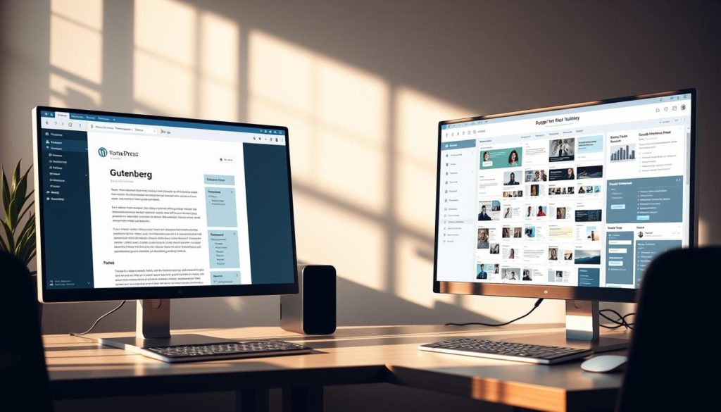 A serene, well-lit office scene with two adjacent workstations displaying contrasting user interfaces. On the left, a sleek, modern Gutenberg-style interface with clean typography, minimal elements, and intuitive layout. On the right, a more complex page builder interface featuring a grid-based design, numerous widgets, and a cluttered appearance. The scene is captured from a slightly elevated angle, creating a sense of comparison and evaluation. Soft shadows and warm lighting contribute to a professional, thoughtful atmosphere, inviting the viewer to assess the ease of use and visual appeal of each interface.