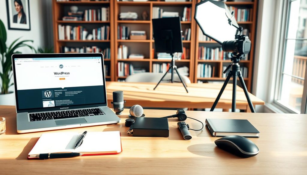 A serene, well-lit workspace showcasing a variety of WordPress blogging tools. In the foreground, a sleek laptop displays the WordPress dashboard, its screen illuminated by soft, natural lighting. Surrounding the laptop, an assortment of essential blogging accessories, such as a high-quality microphone, a stylish notebook, and a modern, minimalist mouse. In the middle ground, a sturdy wooden desk supporting a state-of-the-art camera and a professional lighting setup, hinting at the visual content creation capabilities of WordPress. In the background, a bookshelf filled with reference materials and inspiration for blog writing, creating a cozy, productive atmosphere. The overall scene conveys the powerful versatility of WordPress as a comprehensive blogging platform.