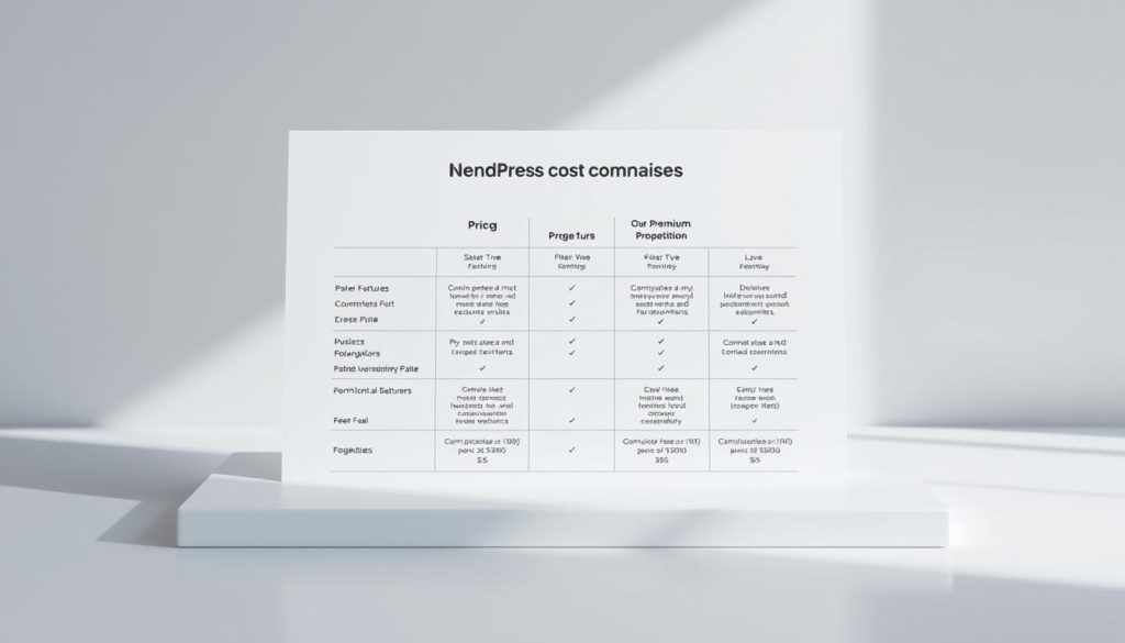A sleek, minimalist cost comparison chart against a soft, muted background. The chart is displayed on a clean, white surface, with subtle shadows adding depth and dimension. The layout is well-organized, showcasing key features, pricing, and value propositions of different options in a clear, concise manner. The overall aesthetic is professional, modern, and inviting, perfectly suited to illustrate a comparison of free and premium WordPress page builders.