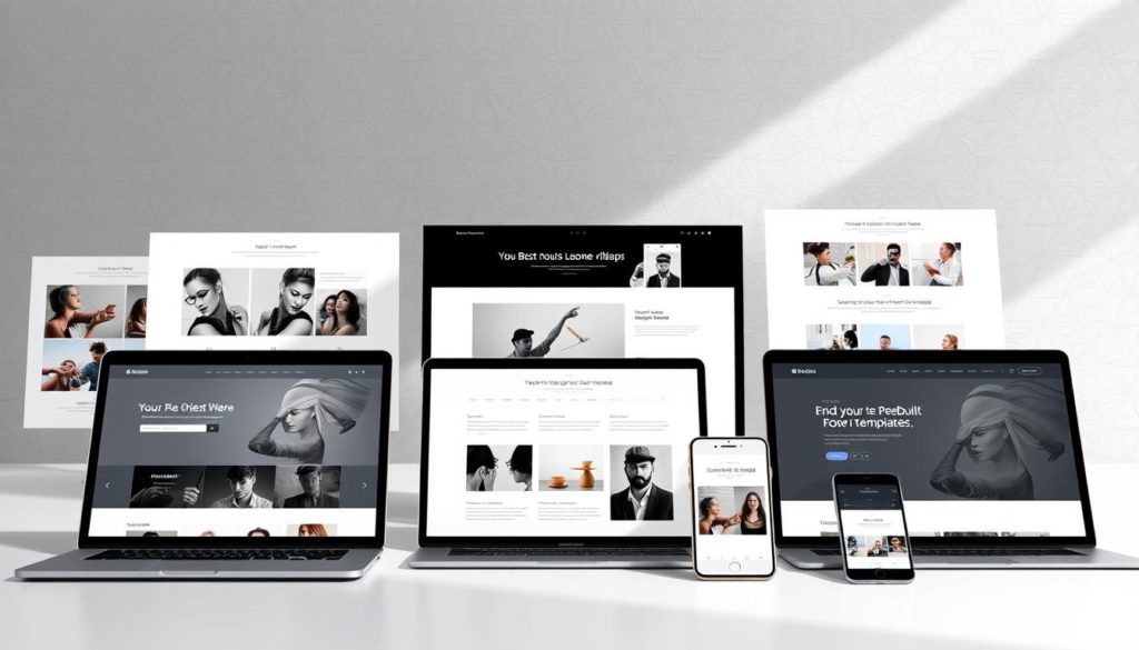 A sleek, modern UI design showcasing a collection of pre-built website templates. The foreground features several responsive, mobile-friendly templates with clean layouts, elegant typography, and well-balanced color palettes. In the middle ground, the templates are displayed on various device mockups, including laptops, tablets, and smartphones, captured from a slight low-angle perspective to emphasize their versatility. The background depicts a minimalist, geometric pattern in muted tones, creating a cohesive and visually appealing composition. The lighting is soft and diffused, highlighting the templates' features and creating a professional, high-quality appearance. The overall mood is one of efficiency, flexibility, and design excellence, reflecting the capabilities of a powerful WordPress page builder.