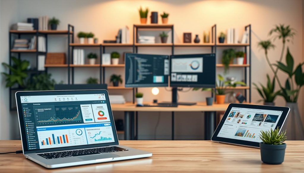 A sleek, modern office workspace with an array of development and marketing tools seamlessly integrated. In the foreground, a laptop displays a dashboard of analytics and optimization software, while a tablet showcases digital marketing campaign designs. In the middle ground, a standing desk features a dual-monitor setup, coding interfaces, and a physical kanban board. The background is filled with shelves of reference books, potted plants, and minimalist decor, creating a balanced, productive atmosphere. Soft, diffused lighting casts a warm glow, conveying a sense of focus and efficiency. The scene captures the harmony between technological innovation and a nurturing, creative work environment.