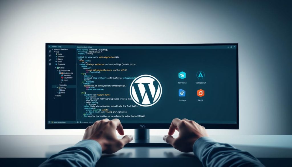 A sleek, modern workspace with a large, high-resolution monitor displaying various automation tool icons. In the foreground, a developer's hands type commands into a terminal window, surrounded by an array of task-runner apps, version control systems, and build tools. The middle ground features a stylized, minimalist illustration of the WordPress logo, symbolizing the integration of these automation workflows. The background depicts a minimalist, gradient-filled environment, creating a sense of depth and focus on the central workspace. Soft, directional lighting casts subtle shadows, emphasizing the streamlined, efficient nature of the setup. The overall tone is one of productivity, technology, and the seamless fusion of WordPress development with powerful automation tools.