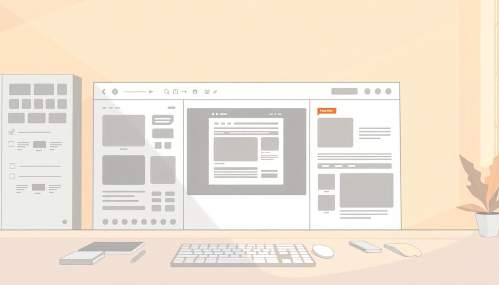 A stylized digital illustration of a modern WordPress page builder interface, captured in a wide-angle shot. The foreground showcases a clean, intuitive dashboard with various content blocks, widgets, and customization tools arranged in a grid-like layout. The middle ground features a live preview pane displaying a responsive website layout, while the background subtly depicts the workspace's minimalist, neutral-toned aesthetic. Warm, natural lighting casts a soft glow, creating a professional and productive atmosphere. The overall composition emphasizes the powerful yet user-friendly nature of the page builder, inviting the viewer to explore its capabilities.