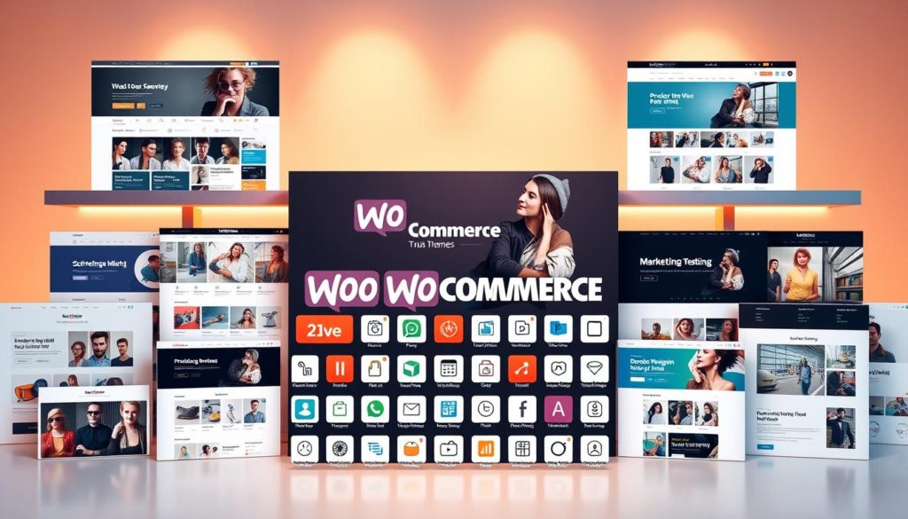 A vibrant and dynamic arrangement of various WooCommerce themes and extensions, presented in a sleek and modern design. The foreground showcases a collection of stylish website templates, each with its own distinctive layout, color scheme, and unique features. In the middle ground, an array of plugin icons representing a diverse range of functionalities, such as payment gateways, product management tools, and marketing integrations, are neatly organized. The background features a softly blurred, minimalist backdrop, allowing the themes and extensions to take center stage. The entire scene is illuminated by warm, directional lighting, casting subtle shadows and highlights to accentuate the products' textures and details. The overall composition conveys a sense of professionalism, innovation, and the vast potential for customizing and enhancing a WooCommerce-powered online store.