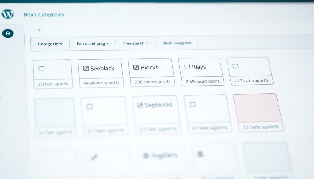 A well-lit, high-resolution close-up view of a WordPress dashboard, showcasing the Gutenberg block categories in a clean, organized layout. The blocks are depicted with clear, distinctive icons and labels, arranged in a grid-like structure against a subtle background, providing a comprehensive understanding of the available block types. The lighting is soft and diffused, emphasizing the clarity and legibility of the interface elements. The camera angle is slightly elevated, offering a birds-eye perspective that allows the viewer to easily grasp the overall structure and hierarchy of the block categories.