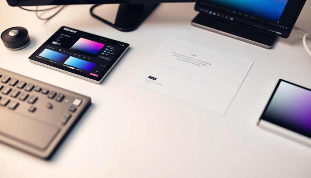 a close-up view of a professional digital visual design software interface, with various editing tools, palettes, and panels arranged neatly on a sleek, minimalist workspace. the tools are clearly visible and intuitively laid out, with a focus on typography, color, and layout options. the interface has a clean, modern aesthetic with subtle gradients and soft shadows, creating a sense of depth and hierarchy. the background is a neutral, light-colored surface that allows the tools to stand out prominently. the lighting is soft and diffused, creating a subtle, focused atmosphere that enhances the user's attention on the creative process.