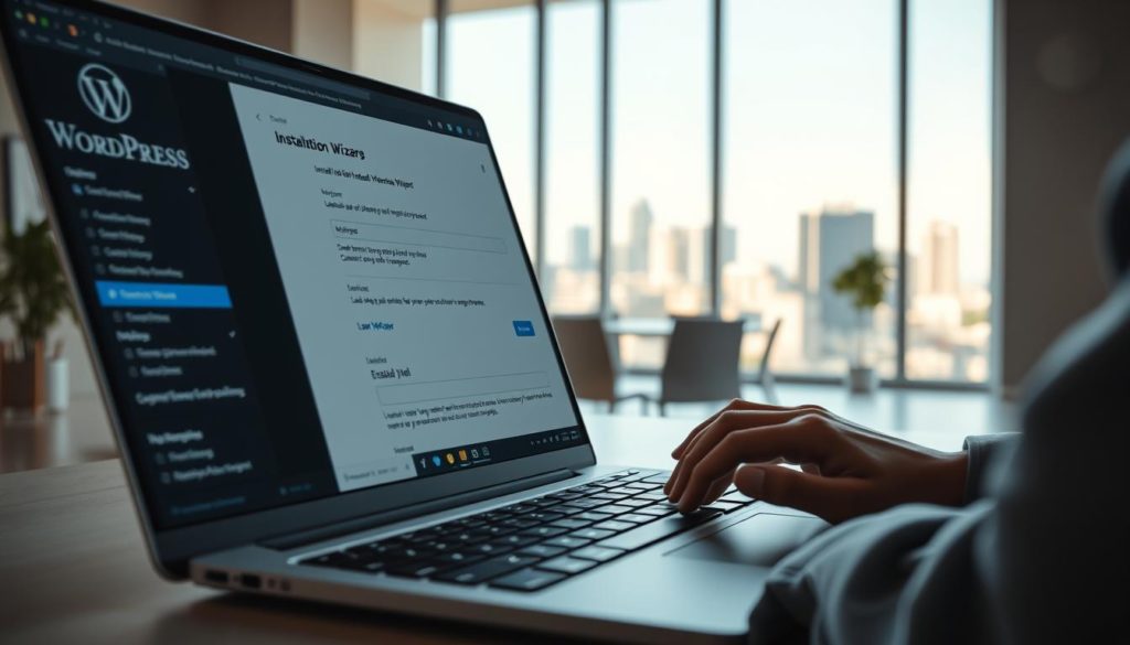 a detailed scene of the WordPress installation process, seen from the perspective of a web developer's workstation. The foreground shows a laptop screen displaying the WordPress installation wizard, with various configuration options and input fields visible. The middle ground features the developer's hands typing on the keyboard and navigating the installation steps. The background depicts a well-lit, minimalist office environment with a large window overlooking a cityscape, conveying a sense of focus and productivity. The lighting is soft and natural, creating a calm and professional atmosphere. The overall composition emphasizes the technical aspects of the WordPress installation while maintaining a clean, visually appealing aesthetic.