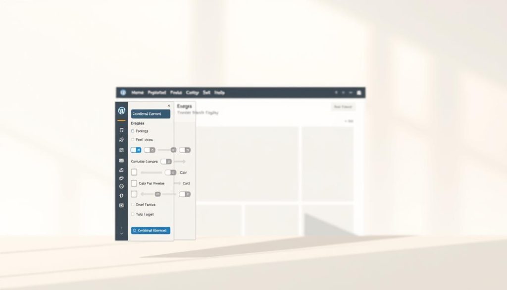 A clean, minimalist design featuring a WordPress website builder interface. In the foreground, a conditional element display module with intuitive toggles and settings. The middle ground showcases a responsive, mobile-friendly layout. In the background, a subtle grid pattern and soft, muted tones evoke a sense of precision and clarity. Warm, natural lighting from the side casts gentle shadows, highlighting the sleek, modern aesthetic. The overall atmosphere is one of thoughtful, user-centric design - an elegant and powerful tool for crafting targeted content on the web.