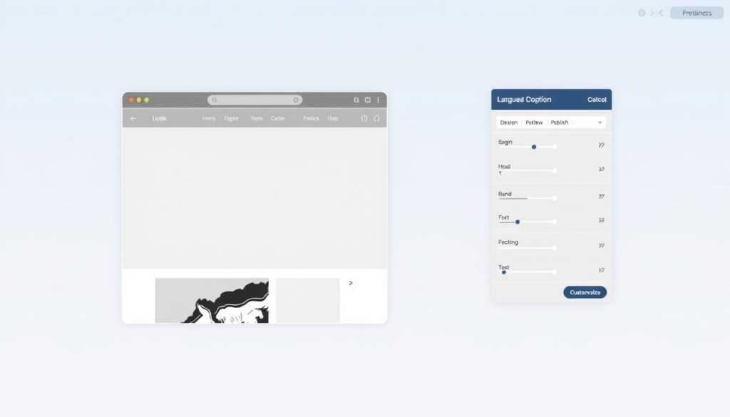 A clean, minimalist no-code website builder interface with a large central canvas, floating toolbars, and intuitive drag-and-drop elements. The background is a subtle gradient of light blues and grays, creating a calming, professional atmosphere. The canvas displays a simple webpage layout with sections, text, and a hero image. Floating on the right are customization panels with sliders, dropdowns, and toggle switches for adjusting design, content, and settings. In the top toolbar, there are buttons for previewing, publishing, and collaborating. The overall scene conveys an efficient, user-friendly no-code website building experience.