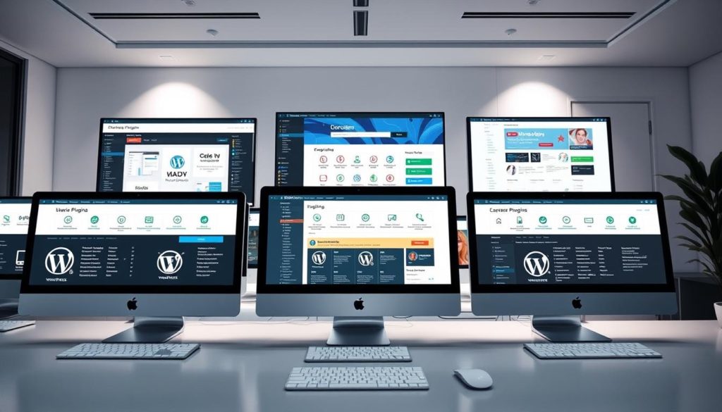 A diverse array of WordPress plugins, each with unique functionality, displayed on sleek, modern computer screens. The foreground showcases plugin icons and control panels, meticulously crafted with intricate details. The middle ground depicts an array of plugin categories, showcasing the breadth of customization options. In the background, a serene, minimalist workspace with clean lines and soft lighting, emphasizing the seamless integration of these plugins into a professional web design. The overall atmosphere conveys the power and flexibility of WordPress plugins, perfectly complementing the article's focus on enhancing small business website functionality.