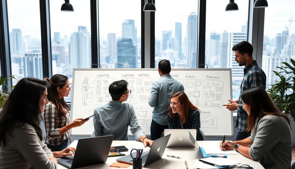 A diverse team of WordPress developers collaborating in a modern, well-lit office space. In the foreground, a group of professionals engaged in animated discussion, laptops and design tools at the ready. The middle ground features a whiteboard filled with project plans and sketches, conveying the creative energy of the process. In the background, large windows offer a view of a bustling city skyline, suggesting the broader context and scale of the projects being undertaken. The scene exudes a sense of focus, productivity, and a shared commitment to delivering exceptional WordPress-powered solutions.