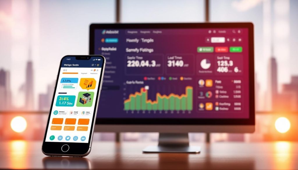 A modern, sleek website interface with vibrant colors and clean design elements. In the foreground, a mobile device showcases a fast-loading webpage with smooth animations and intuitive user interactions. In the middle ground, a desktop computer displays real-time performance metrics, highlighting website speed, load times, and user engagement data. The background features a stylized cityscape, symbolizing the interconnected digital landscape and the importance of website optimization for a seamless user experience. Warm lighting casts a subtle glow, creating a sense of efficiency and professionalism. The overall scene conveys the power of website speed and its direct impact on user satisfaction.