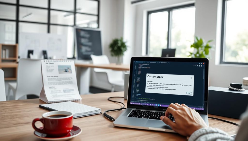 A modern software developer's workstation, with a focus on customizing a Gutenberg block. In the foreground, a laptop screen displays a code editor, showcasing custom block configuration and React-powered functionality. The developer's hands are visible, typing intently. In the middle ground, various development tools and resources are neatly organized, including a Gutenberg plugin documentation, a notebook, and a cup of coffee. The background features a minimalist, clean office setting with large windows, allowing natural light to flood the space, creating a serene and productive atmosphere. The overall scene conveys the focus and dedication required for Gutenberg block customization, a key aspect of the WordPress developer's craft.