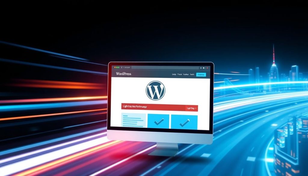 A modern web browser window zooming through a digital landscape, showcasing a WordPress website with lightning-fast loading speeds. The foreground features a minimalist, sleek interface with clean lines and vibrant colors, reflecting the site's optimized performance. In the middle ground, abstract shapes and geometric patterns symbolize the technical complexities of WordPress optimization, while the background depicts a futuristic cityscape, hinting at the cutting-edge advancements in web technology. Soft, directional lighting accentuates the dynamic, forward-moving composition, conveying a sense of energy and efficiency.
