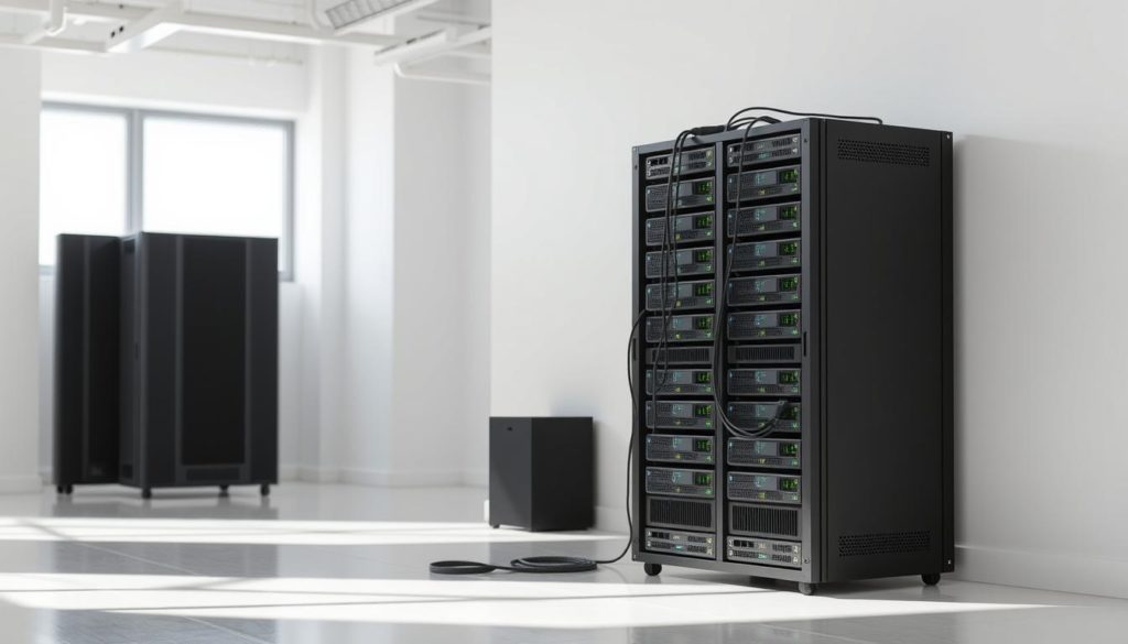 A neatly organized server rack stands in a well-lit, minimalist office space. Sleek black server enclosures are stacked with precision, their LED indicator lights blinking in a rhythmic pattern. Elegant data cables, expertly routed and bundled, snake through the rack, connecting the various components. The room's neutral color palette and abundance of natural light create a calming, professional atmosphere, ideal for a WordPress freelance project's technical infrastructure. A sense of order and attention to detail pervades the scene, embodying the best practices of site configuration.