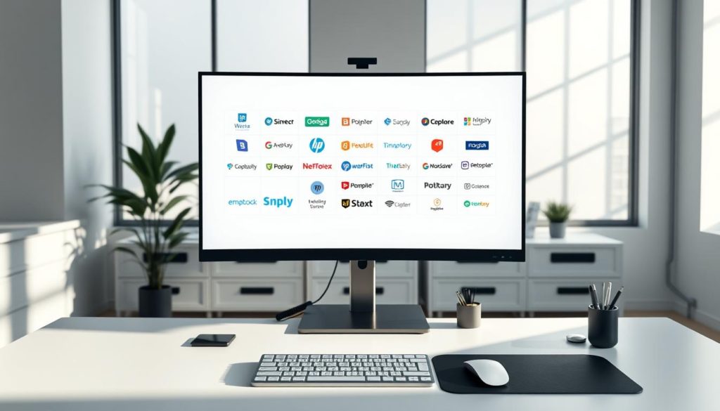 A pristine, minimalist workspace with a large central monitor showcasing various website builder platform logos arranged in a sleek, grid-like layout. The scene is bathed in soft, diffused natural lighting filtering through large windows, creating a serene, professional atmosphere. In the foreground, a sophisticated desk setup with a modern keyboard, mouse, and stylish desk accessories. In the background, subtle shadows and muted tones create depth and a sense of focus on the central display. The overall impression is one of a carefully curated, high-quality digital tool comparison for creating professional websites without coding.