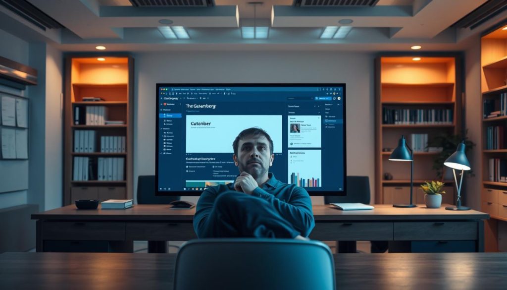 A serene, well-lit office interior with a large desk showcasing the Gutenberg editor interface. In the foreground, a computer monitor displays the Gutenberg editor, its sleek design and intuitive layout evident. In the middle ground, a thoughtful developer ponders the pros and cons of this WordPress content management system, their expression a mix of contemplation and analysis. The background features neatly organized bookshelves, task-lighting, and a subtle sense of professionalism, creating an atmosphere of considered evaluation of this powerful yet complex editorial tool.