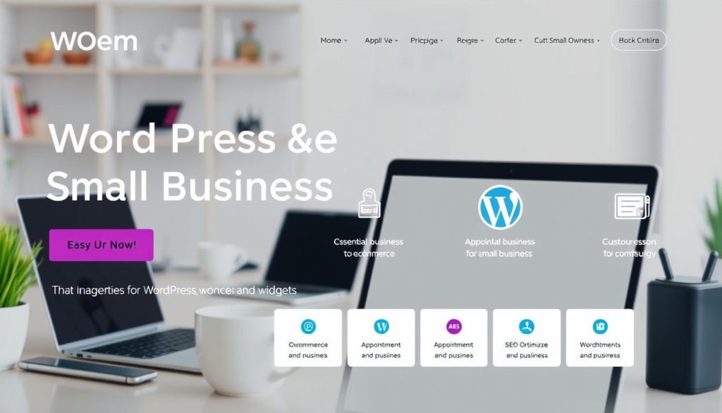 A sleek, modern WordPress website showcasing its key features for small business owners. In the foreground, a clean and intuitive user interface with customizable plugins and widgets, conveying ease of use. In the middle ground, a selection of essential business-focused plugins like e-commerce, appointment booking, and SEO optimization, highlighting WordPress's versatility. The background features a minimalist office setting with a laptop, coffee mug, and office supplies, suggesting a productive and professional atmosphere. The overall mood is one of efficiency, simplicity, and confidence, capturing the benefits of using WordPress for small business websites.