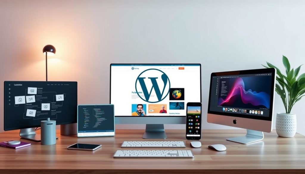 A vibrant and dynamic WordPress interface, showcasing its impressive functionality and remarkable flexibility. In the foreground, various customizable elements and intuitive tools are seamlessly integrated, allowing for effortless website building and management. In the middle ground, a responsive and mobile-friendly web design takes center stage, highlighting WordPress's adaptability to diverse devices and user needs. The background depicts a serene, minimalist environment, emphasizing the platform's clean and streamlined user experience. Soft, warm lighting casts a welcoming glow, while the composition's balanced proportions and harmonious color palette convey a sense of professionalism and efficiency inherent to the WordPress ecosystem.