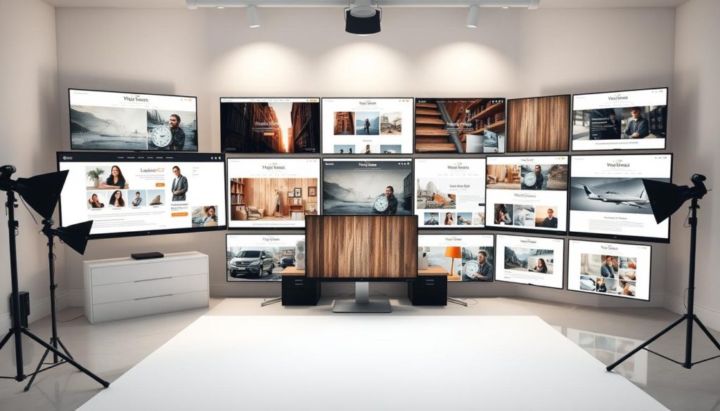 a highly detailed, photorealistic image of a website design studio displaying various customizable website themes on large computer monitors, with a professional photographer's studio setup in the foreground featuring soft, diffused lighting and a clean, minimalist aesthetic. The themes showcase a range of styles, from modern and sleek to rustic and vintage, showcasing the versatility and customization options available. The scene conveys a sense of creativity, professionalism, and the ability to tailor web designs to individual business needs.