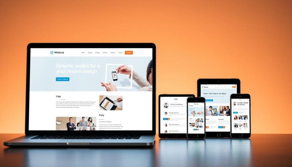 a highly responsive website design with a visually appealing and seamless layout, showcasing a variety of responsive elements and design features. The foreground depicts a laptop screen displaying a clean, modern web page design with dynamic content that adjusts fluidly to different screen sizes and devices. The middle ground features various mobile devices, such as smartphones and tablets, displaying the same web page design in perfect harmony with the laptop screen. The background is a minimalist, gradient-based environment, creating a sense of depth and emphasizing the responsive nature of the design. The lighting is soft and warm, creating a professional and inviting atmosphere. The overall composition conveys the effortless adaptability and versatility of the web design, highlighting its responsive capabilities.